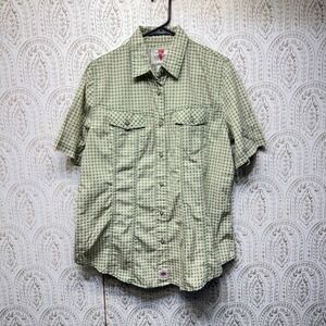 Levi's Button Up Shirt Women Large Green Plaid Polka Dot‎ Western Short Sleeve